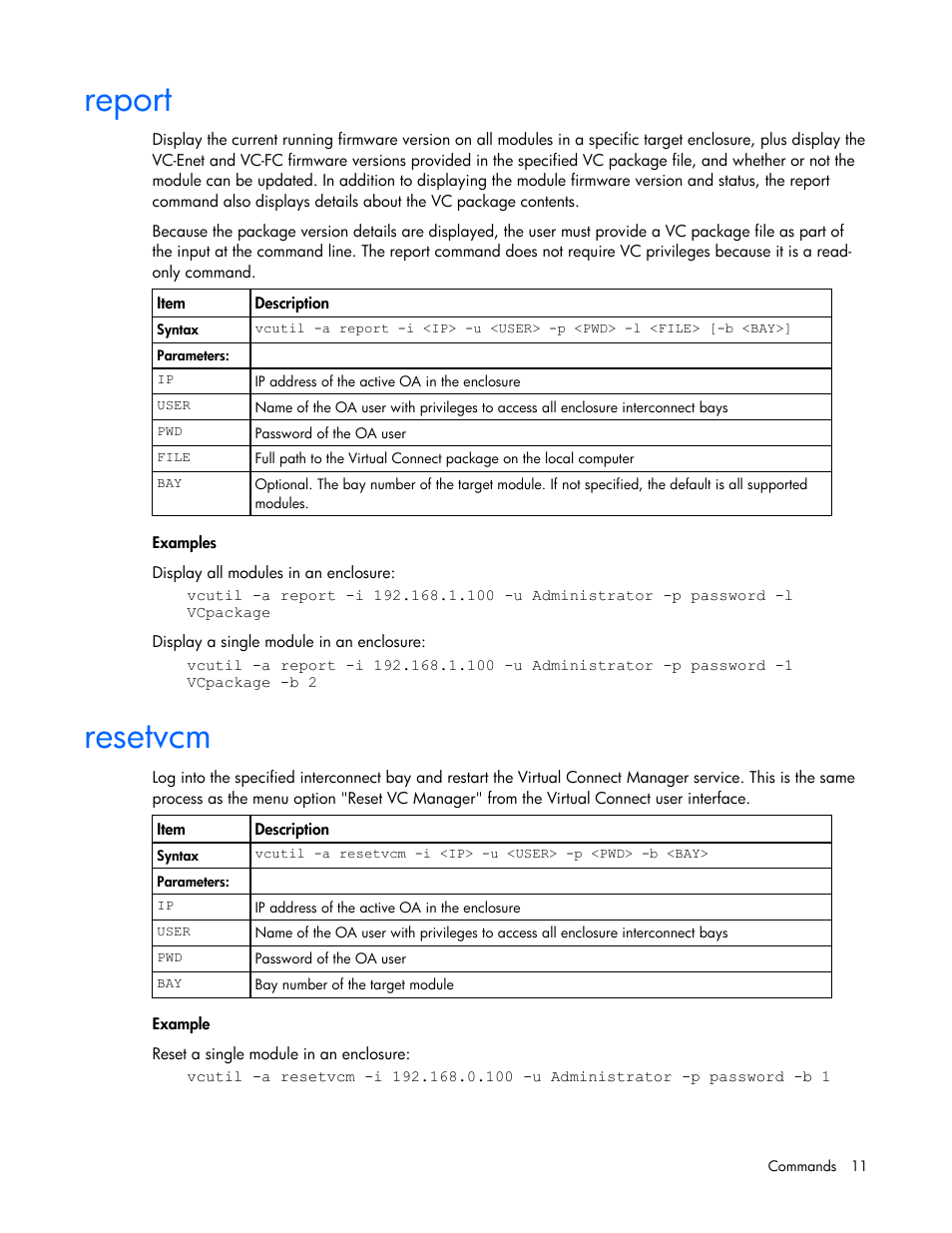 Report, Resetvcm | HP Virtual Connect 1.10Gb-F Ethernet Module for c-Class BladeSystem User Manual | Page 11 / 18