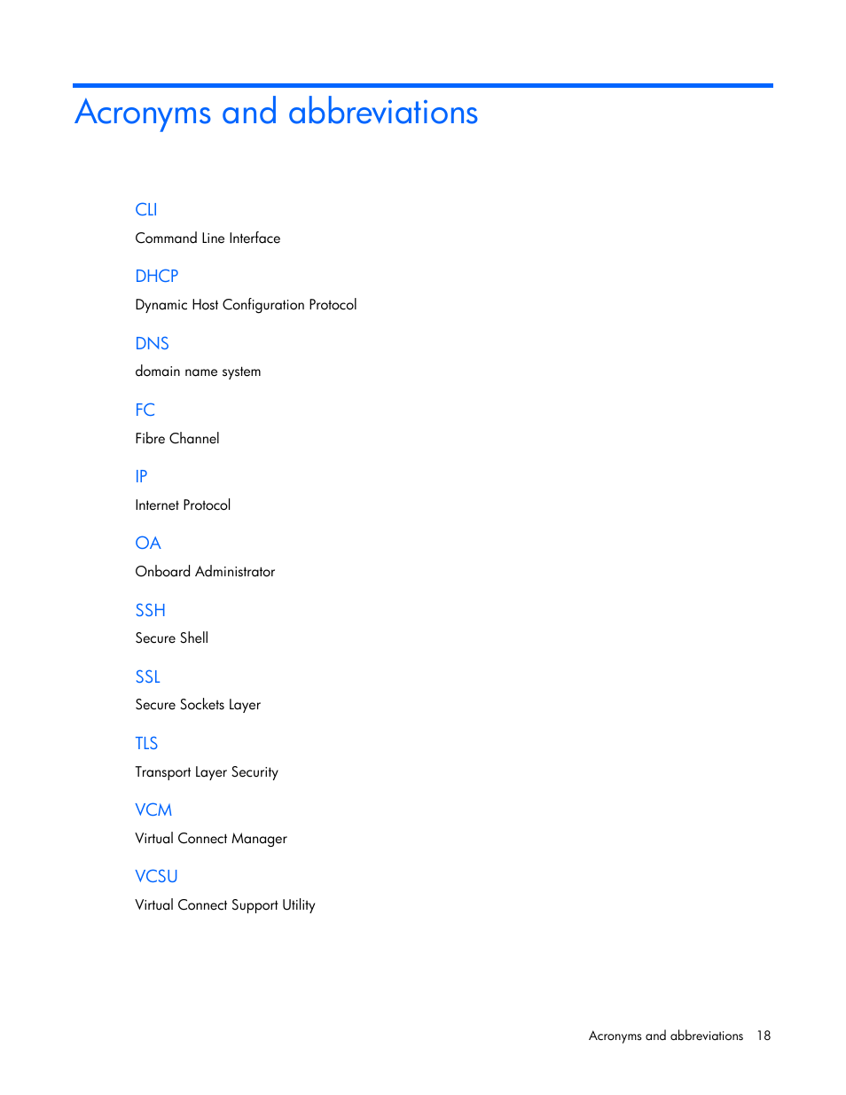 Acronyms and abbreviations | HP Virtual Connect 1.10Gb-F Ethernet Module for c-Class BladeSystem User Manual | Page 18 / 18