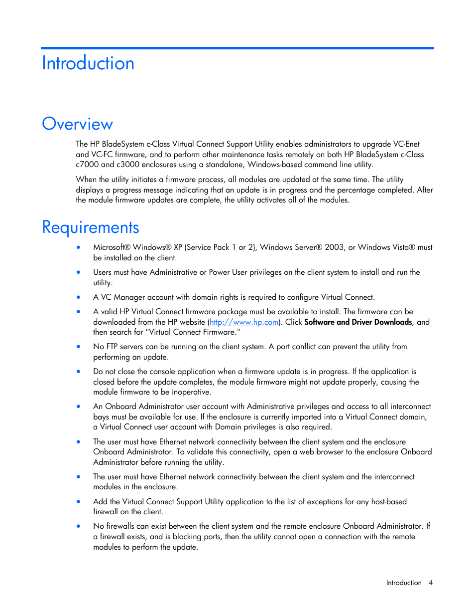 Introduction, Overview, Requirements | HP Virtual Connect 1.10Gb-F Ethernet Module for c-Class BladeSystem User Manual | Page 4 / 18