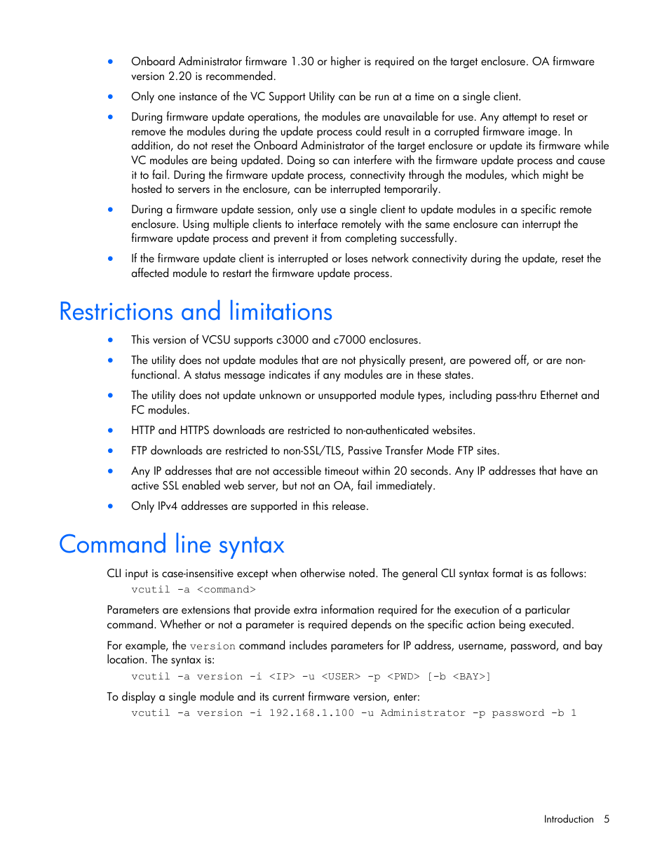 Restrictions and limitations, Command line syntax | HP Virtual Connect 1.10Gb-F Ethernet Module for c-Class BladeSystem User Manual | Page 5 / 18