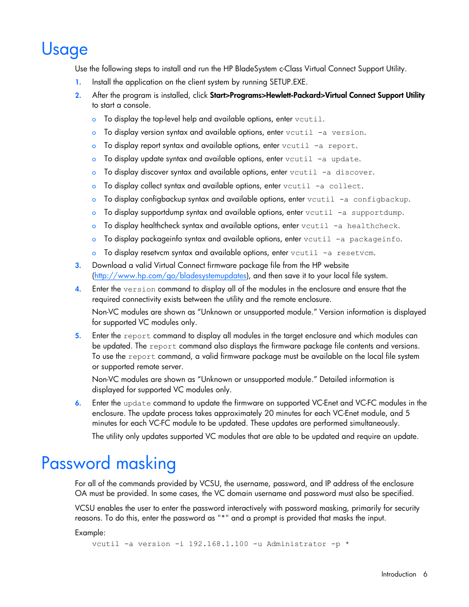 Usage, Password masking | HP Virtual Connect 1.10Gb-F Ethernet Module for c-Class BladeSystem User Manual | Page 6 / 18