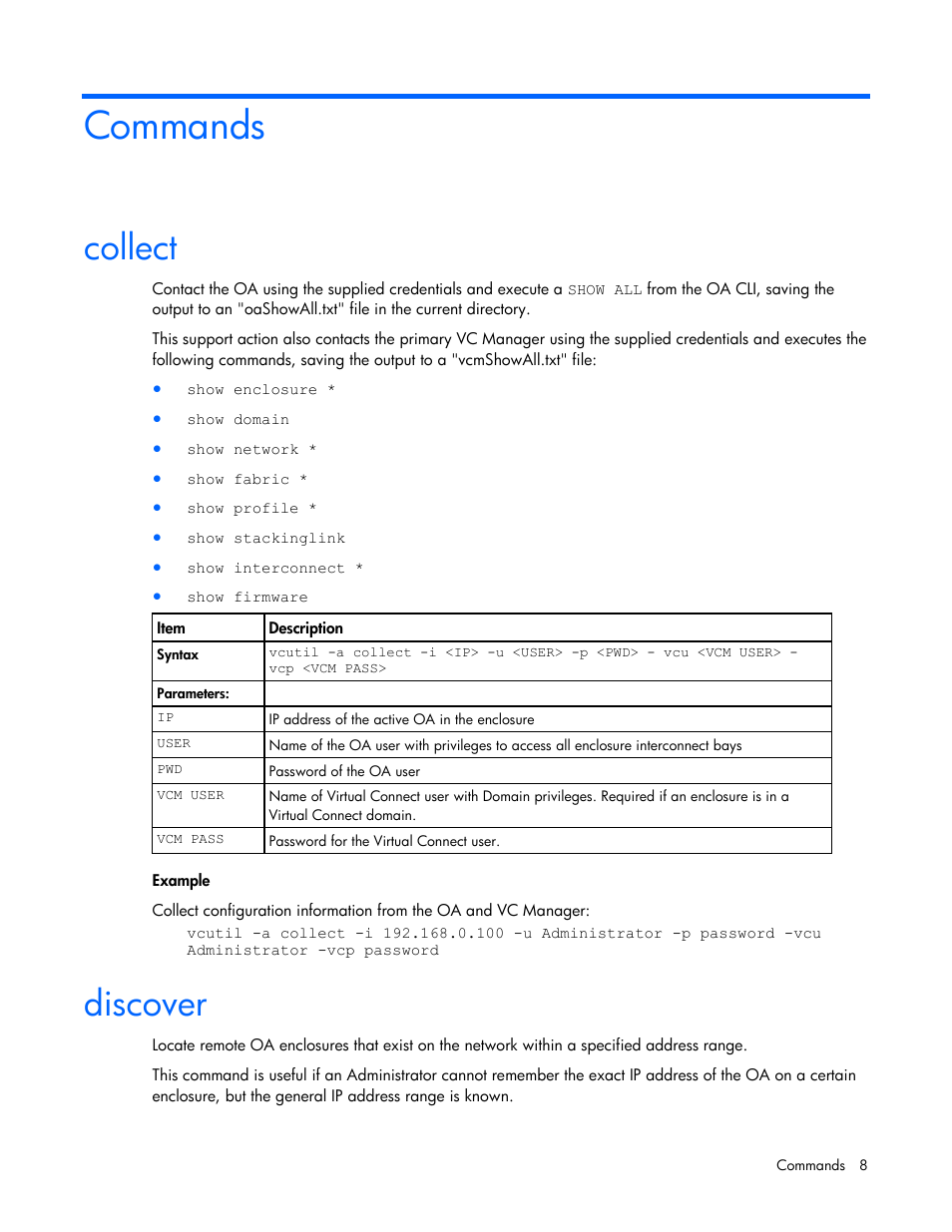 Commands, Collect, Discover | HP Virtual Connect 1.10Gb-F Ethernet Module for c-Class BladeSystem User Manual | Page 8 / 18