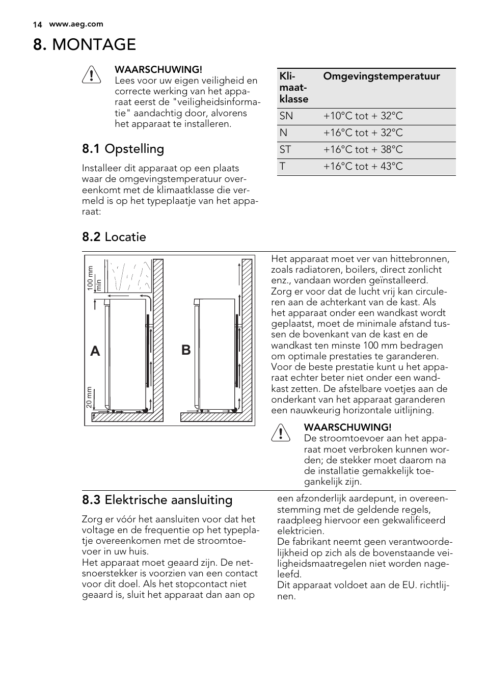 Montage, 1 opstelling, 2 locatie | 3 elektrische aansluiting | AEG S63300KDX0 User Manual | Page 14 / 76