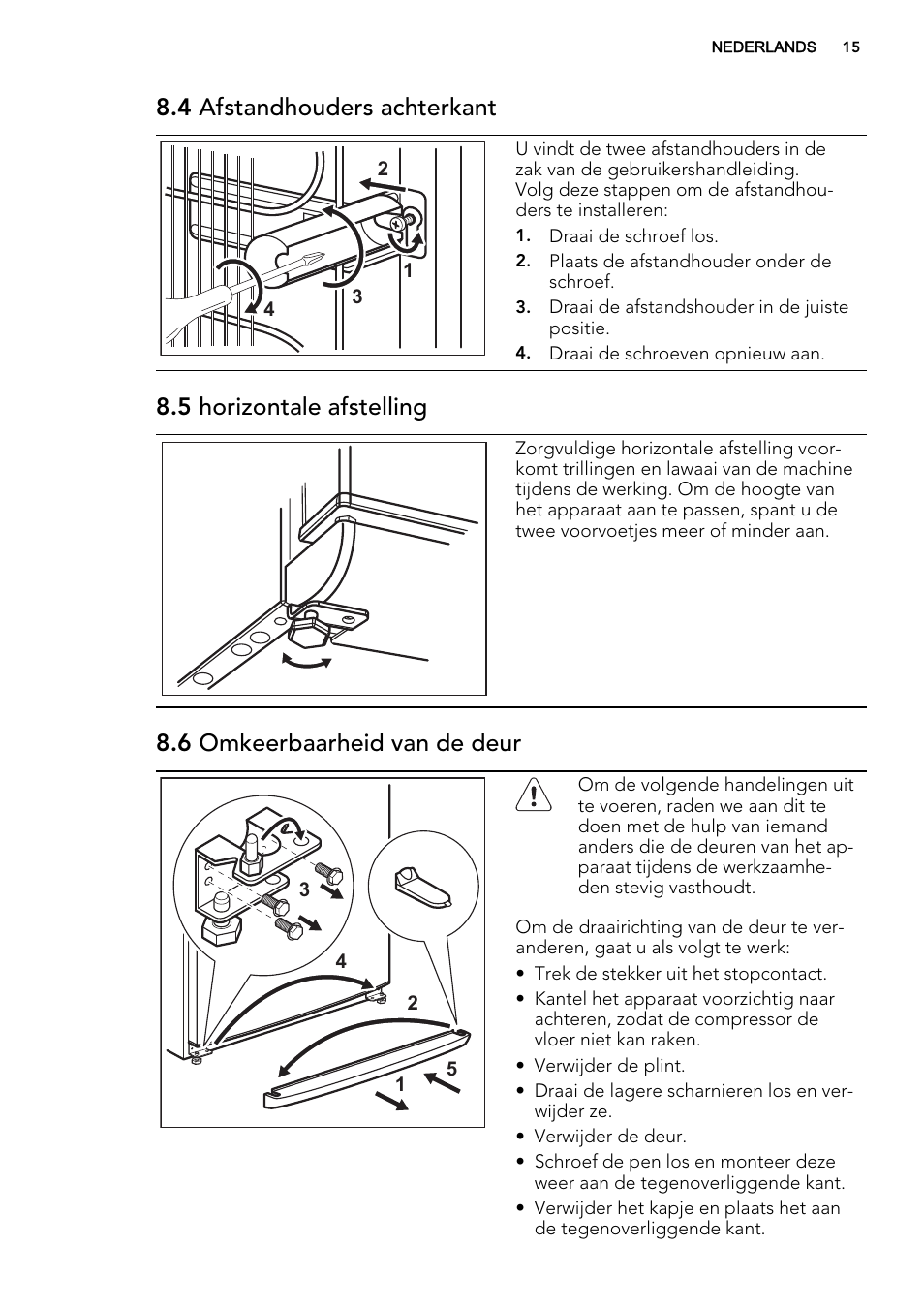 4 afstandhouders achterkant, 5 horizontale afstelling, 6 omkeerbaarheid van de deur | AEG S63300KDX0 User Manual | Page 15 / 76