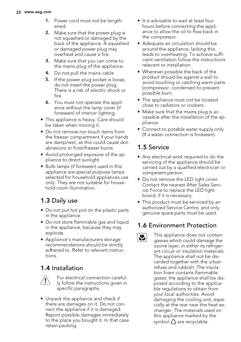 3 daily use, 4 installation, 5 service | 6 environment protection | AEG S63300KDX0 User Manual | Page 22 / 76