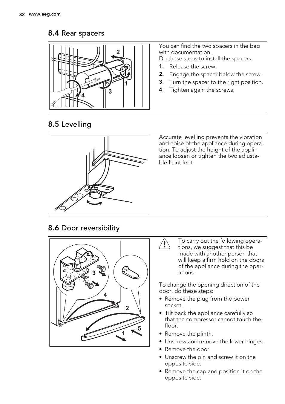 4 rear spacers, 5 levelling, 6 door reversibility | AEG S63300KDX0 User Manual | Page 32 / 76