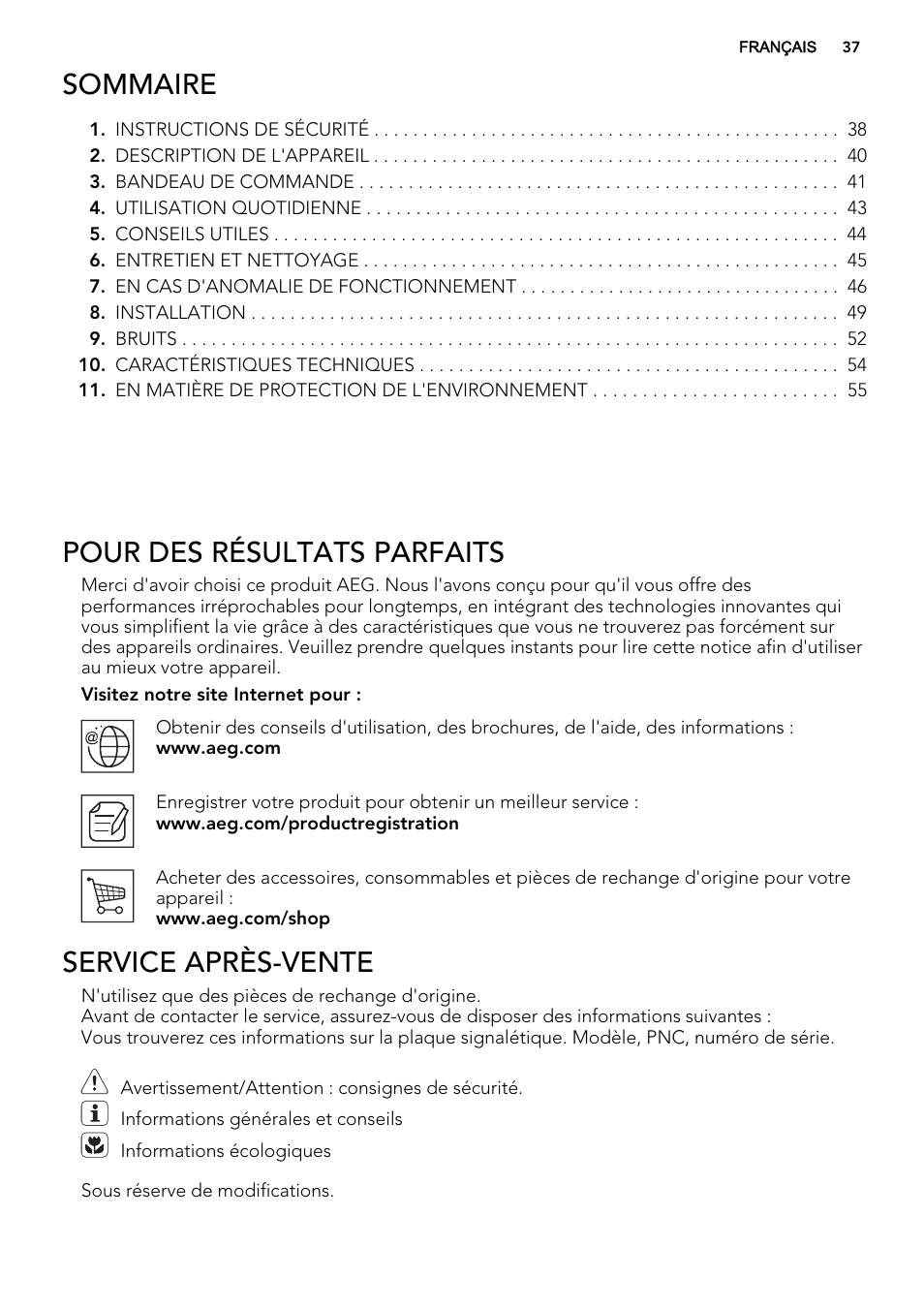 Sommaire, Pour des résultats parfaits, Service après-vente | AEG S63300KDX0 User Manual | Page 37 / 76
