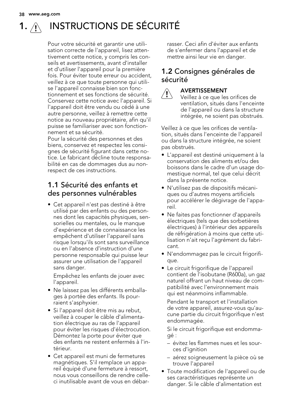 Instructions de sécurité, 2 consignes générales de sécurité | AEG S63300KDX0 User Manual | Page 38 / 76