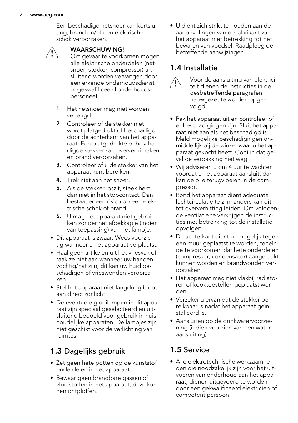 3 dagelijks gebruik, 4 installatie, 5 service | AEG S63300KDX0 User Manual | Page 4 / 76