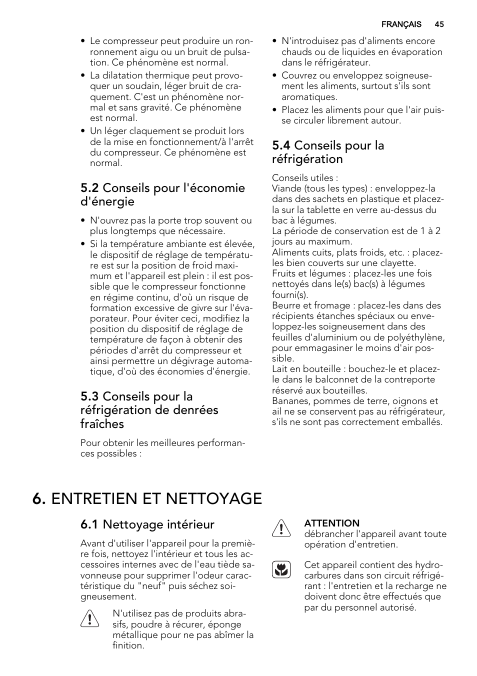 Entretien et nettoyage, 2 conseils pour l'économie d'énergie, 4 conseils pour la réfrigération | 1 nettoyage intérieur | AEG S63300KDX0 User Manual | Page 45 / 76