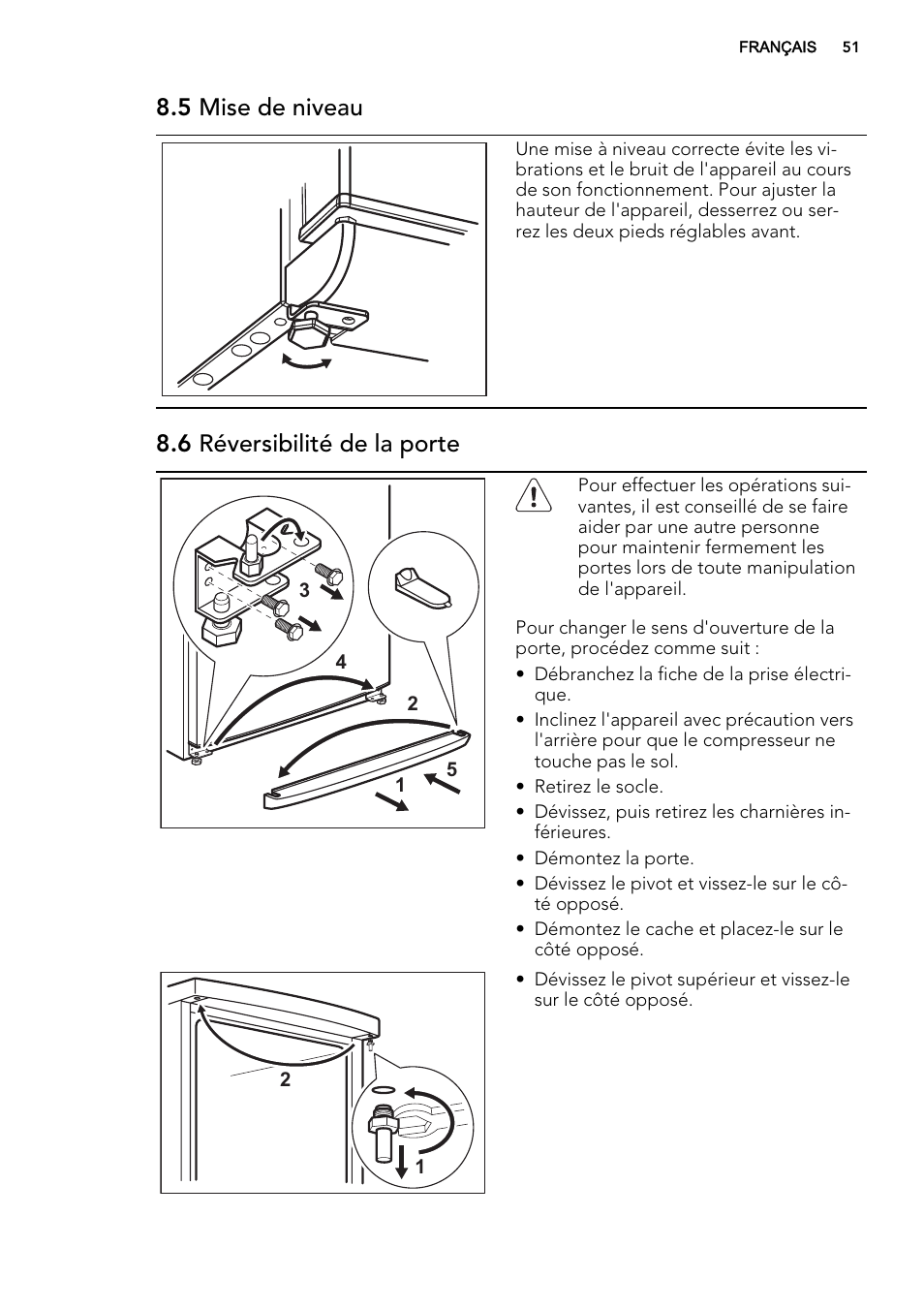 5 mise de niveau, 6 réversibilité de la porte | AEG S63300KDX0 User Manual | Page 51 / 76