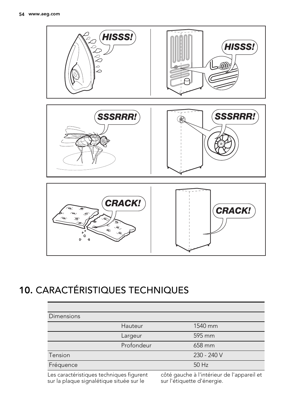 Caractéristiques techniques, Hisss, Sssrrr | Crack | AEG S63300KDX0 User Manual | Page 54 / 76