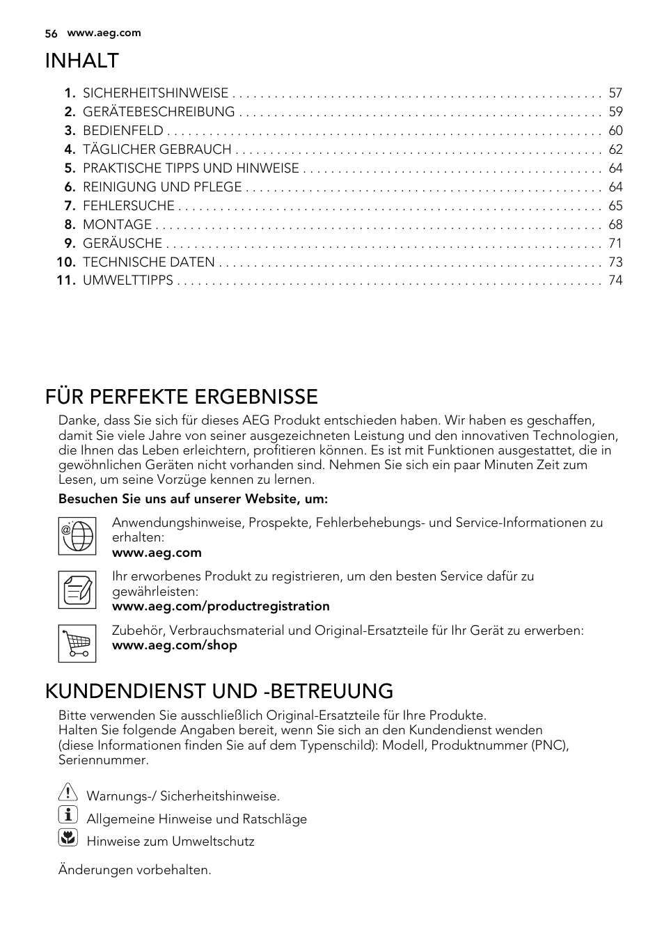 Inhalt, Für perfekte ergebnisse, Kundendienst und -betreuung | AEG S63300KDX0 User Manual | Page 56 / 76
