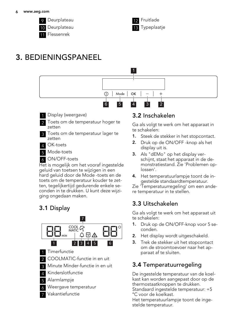 Bedieningspaneel, 1 display, 2 inschakelen | 3 uitschakelen, 4 temperatuurregeling | AEG S63300KDX0 User Manual | Page 6 / 76