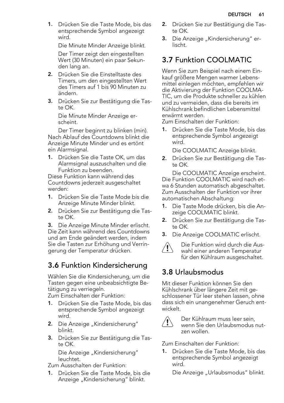 6 funktion kindersicherung, 7 funktion coolmatic, 8 urlaubsmodus | AEG S63300KDX0 User Manual | Page 61 / 76