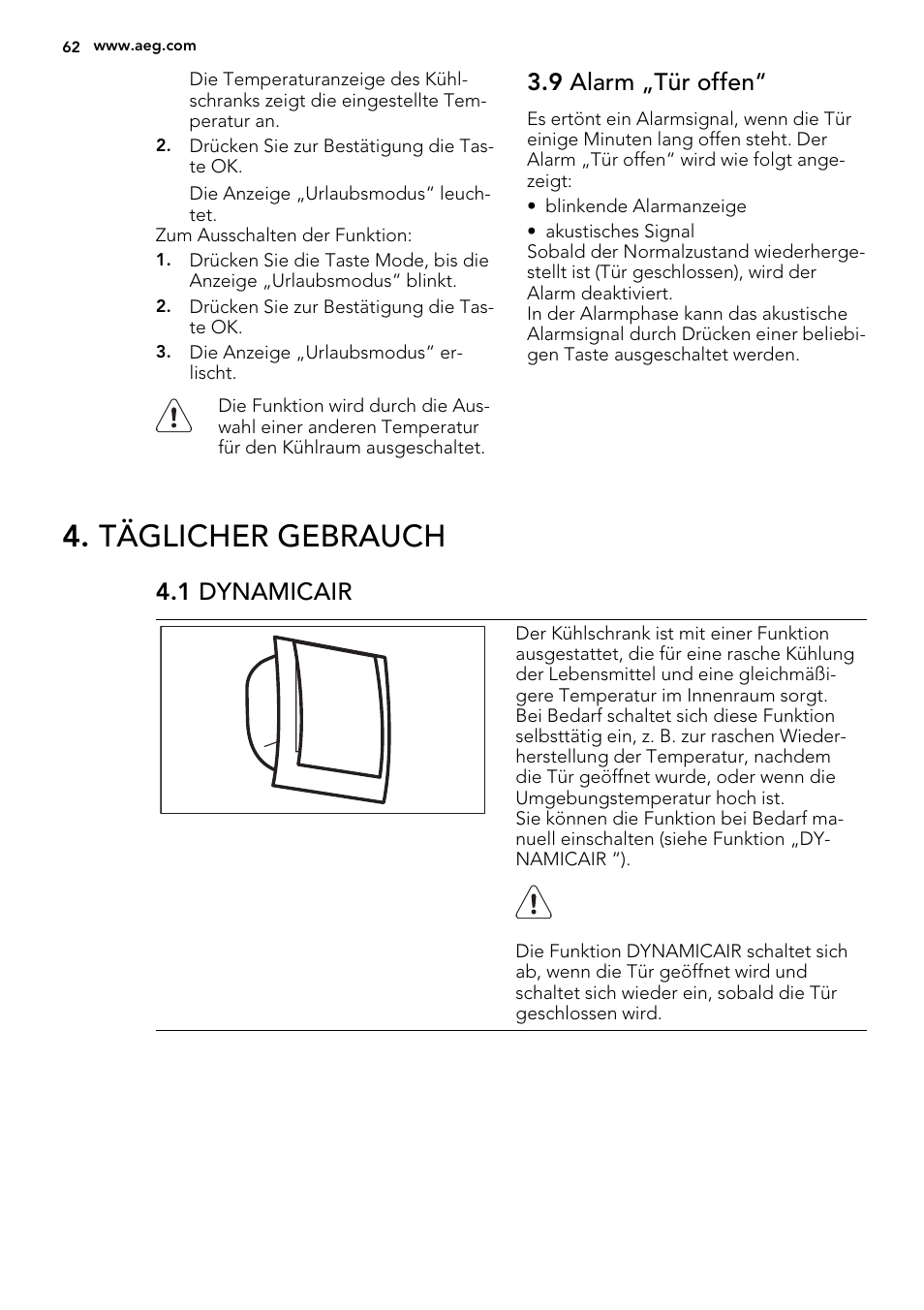 Täglicher gebrauch, 9 alarm „tür offen, 1 dynamicair | AEG S63300KDX0 User Manual | Page 62 / 76