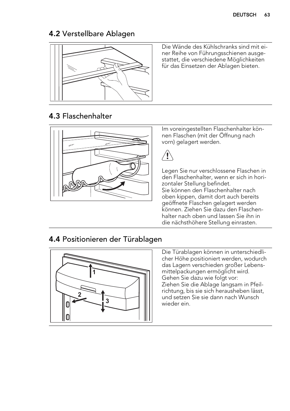 2 verstellbare ablagen, 3 flaschenhalter, 4 positionieren der türablagen | AEG S63300KDX0 User Manual | Page 63 / 76