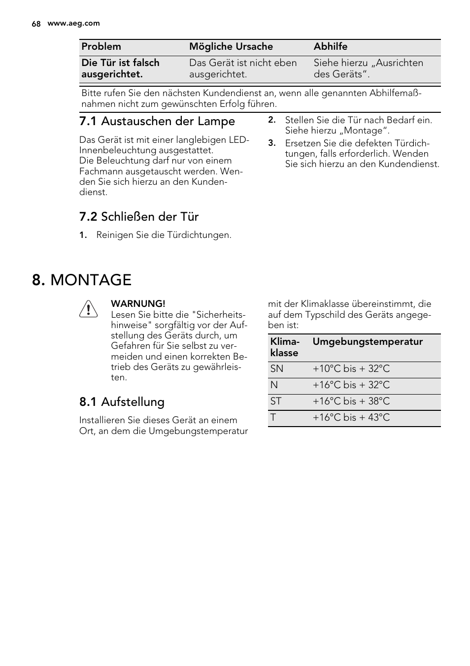 Montage, 1 austauschen der lampe, 2 schließen der tür | 1 aufstellung | AEG S63300KDX0 User Manual | Page 68 / 76