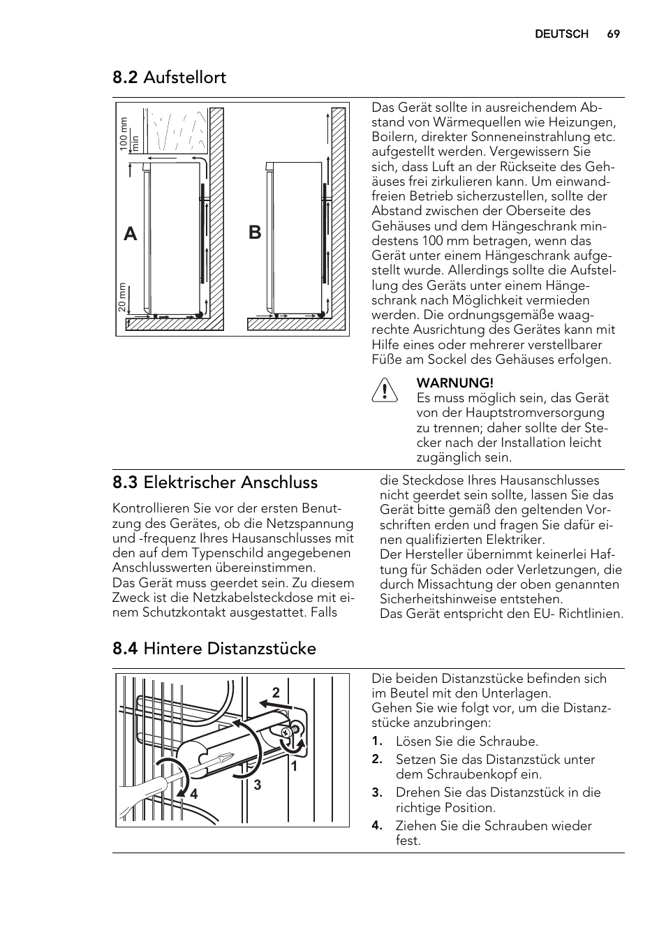 2 aufstellort, 3 elektrischer anschluss, 4 hintere distanzstücke | AEG S63300KDX0 User Manual | Page 69 / 76