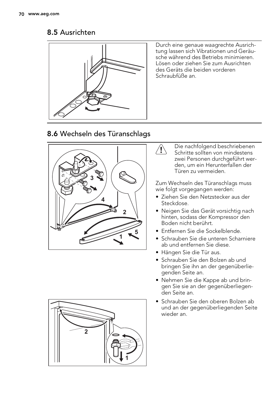 5 ausrichten, 6 wechseln des türanschlags | AEG S63300KDX0 User Manual | Page 70 / 76