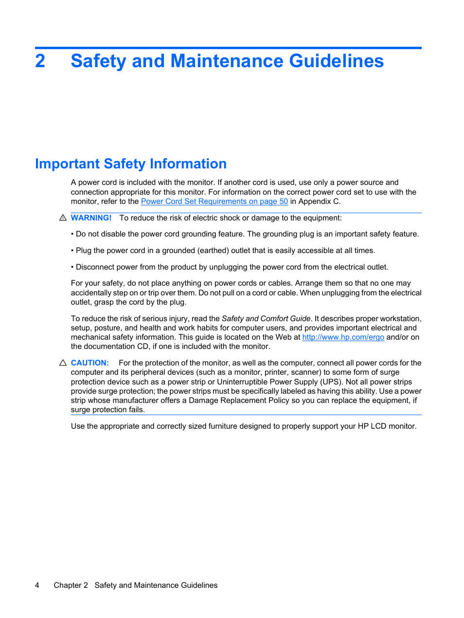 Safety and maintenance guidelines, Important safety information, 2 safety and maintenance guidelines | 2safety and maintenance guidelines | HP DreamColor LP2480zx Professional Monitor User Manual | Page 10 / 59