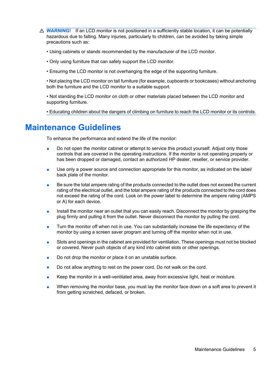 Maintenance guidelines | HP DreamColor LP2480zx Professional Monitor User Manual | Page 11 / 59