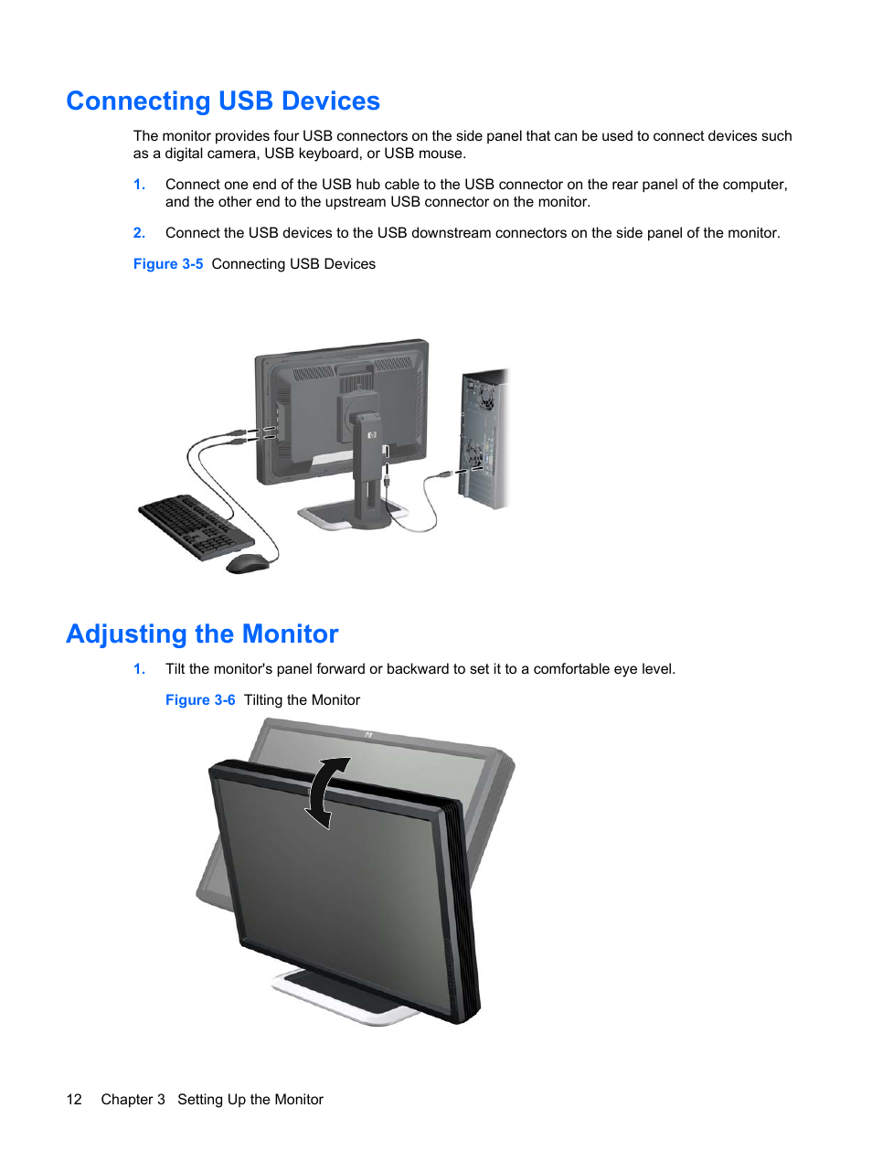 Connecting usb devices, Adjusting the monitor, Connecting usb devices adjusting the monitor | HP DreamColor LP2480zx Professional Monitor User Manual | Page 18 / 59