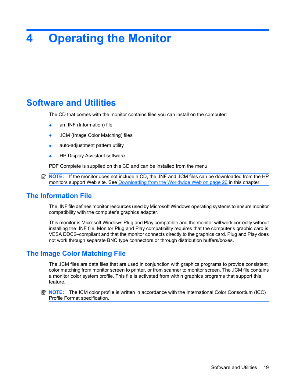 Operating the monitor, Software and utilities, The information file | The image color matching file, 4 operating the monitor, The information file the image color matching file, 4operating the monitor | HP DreamColor LP2480zx Professional Monitor User Manual | Page 25 / 59
