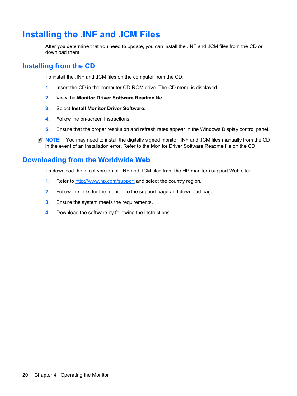 Installing the .inf and .icm files, Installing from the cd, Downloading from the worldwide web | HP DreamColor LP2480zx Professional Monitor User Manual | Page 26 / 59