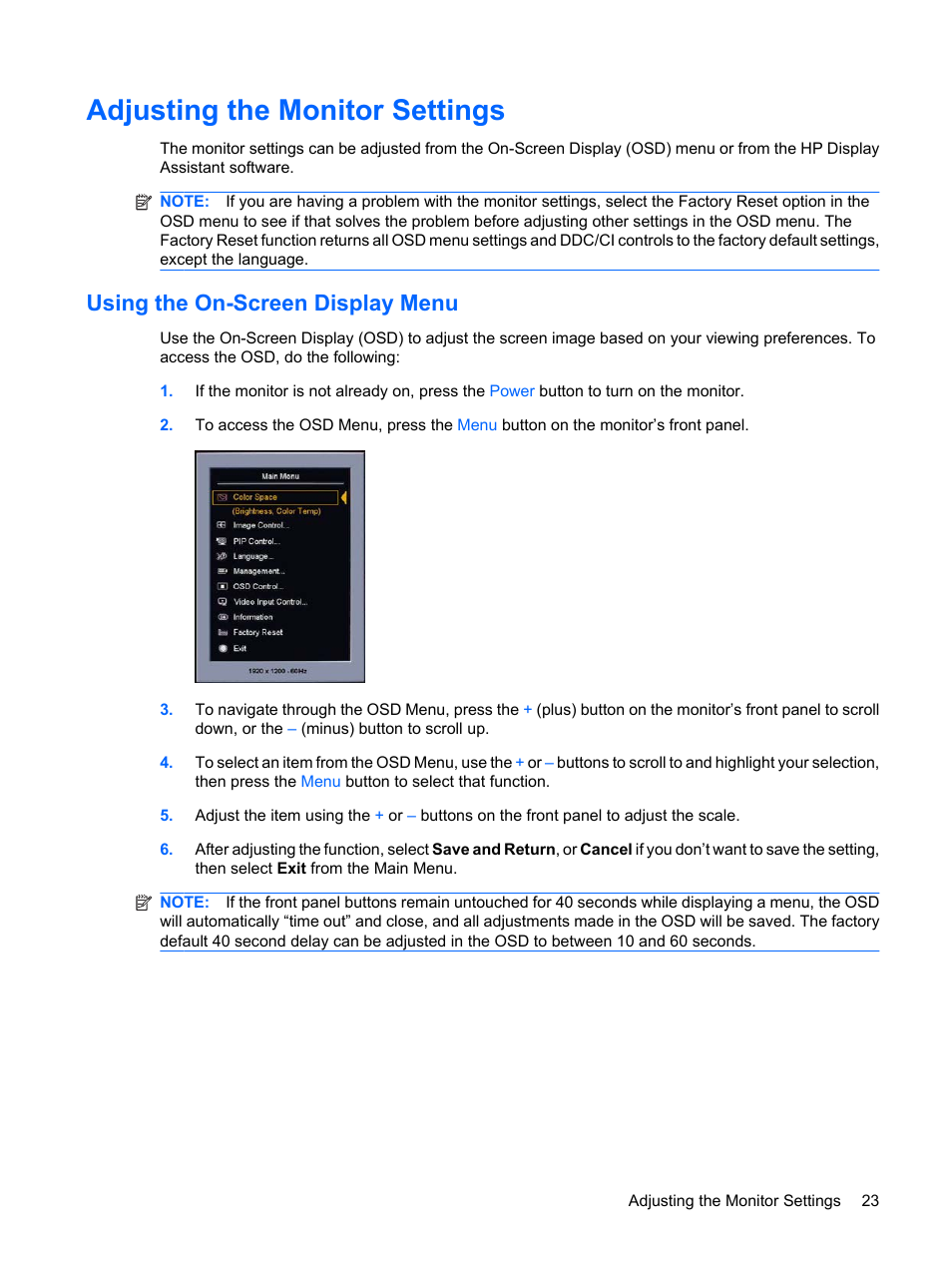 Adjusting the monitor settings, Using the on-screen display menu | HP DreamColor LP2480zx Professional Monitor User Manual | Page 29 / 59