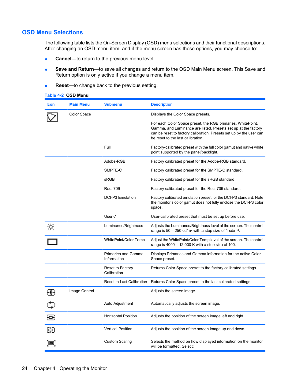 Osd menu selections, 24 chapter 4 operating the monitor | HP DreamColor LP2480zx Professional Monitor User Manual | Page 30 / 59