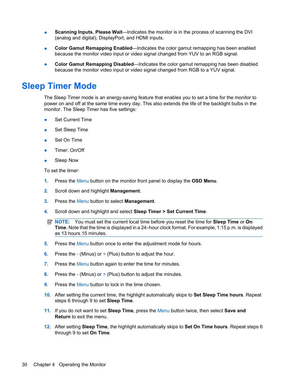 Sleep timer mode | HP DreamColor LP2480zx Professional Monitor User Manual | Page 36 / 59