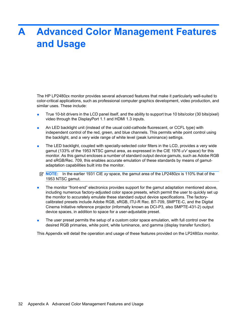 Advanced color management features and usage, Aadvanced color management features and usage | HP DreamColor LP2480zx Professional Monitor User Manual | Page 38 / 59