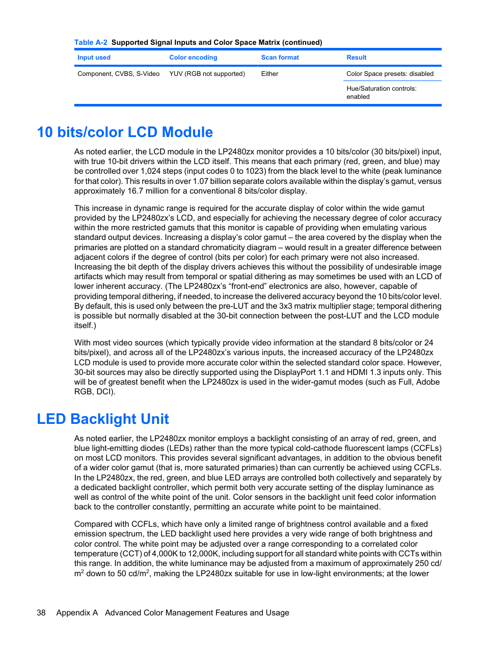 10 bits/color lcd module, Led backlight unit, 10 bits/color lcd module led backlight unit | HP DreamColor LP2480zx Professional Monitor User Manual | Page 44 / 59