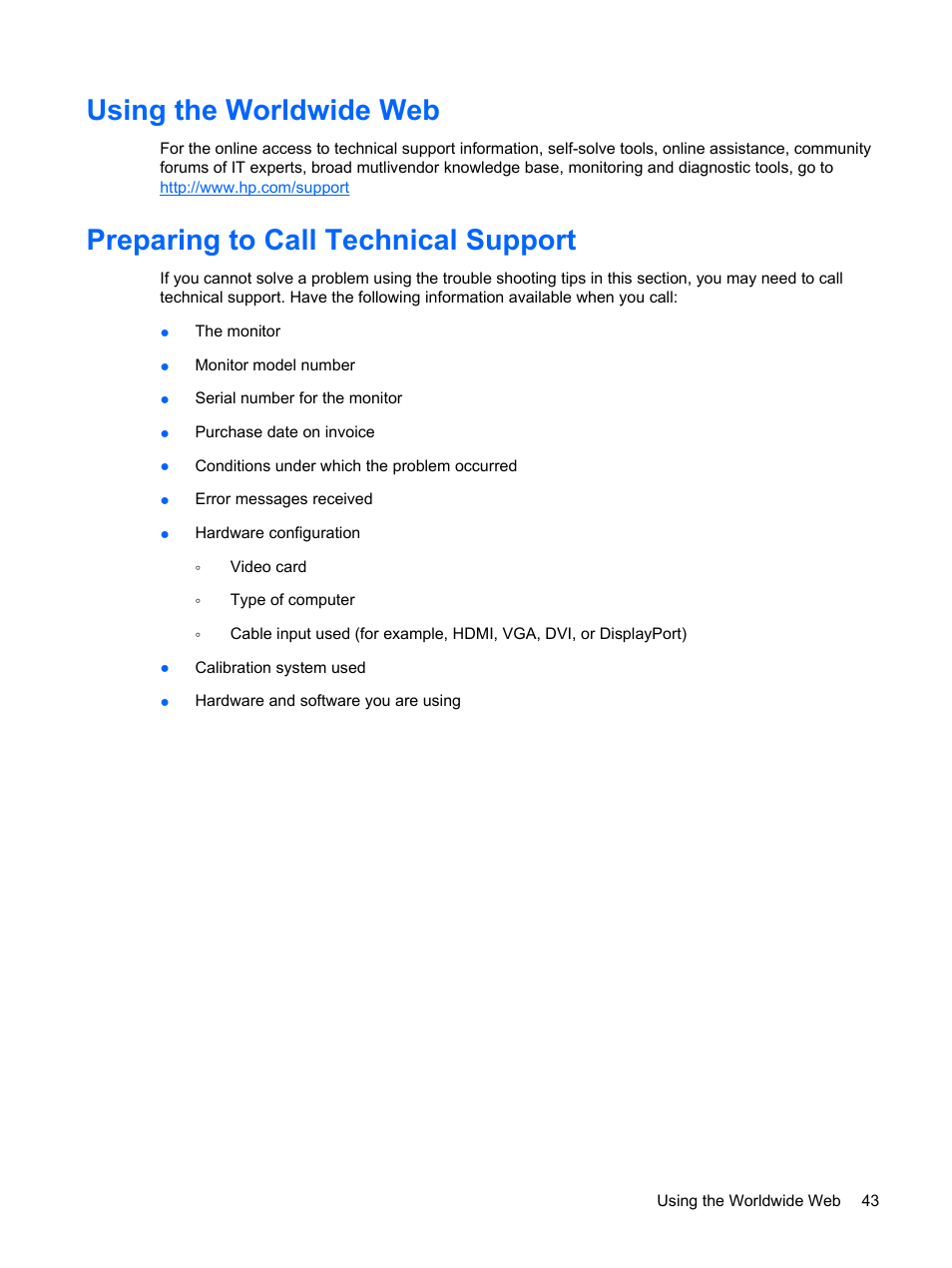 Using the worldwide web, Preparing to call technical support | HP DreamColor LP2480zx Professional Monitor User Manual | Page 49 / 59