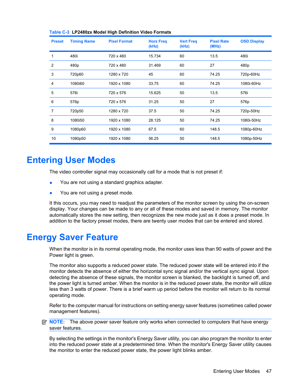 Entering user modes, Energy saver feature, Entering user modes energy saver feature | HP DreamColor LP2480zx Professional Monitor User Manual | Page 53 / 59