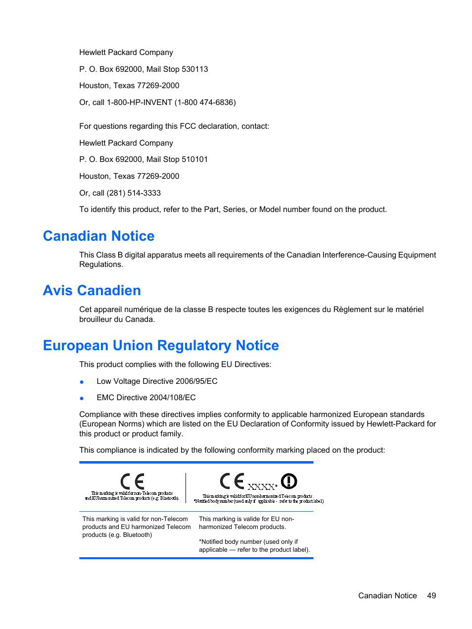 Canadian notice, Avis canadien, European union regulatory notice | HP DreamColor LP2480zx Professional Monitor User Manual | Page 55 / 59