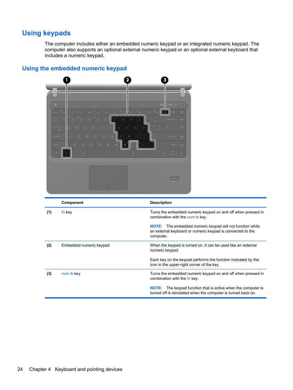 Using keypads, Using the embedded numeric keypad | HP ProBook 4330S Notebook-PC User Manual | Page 34 / 100