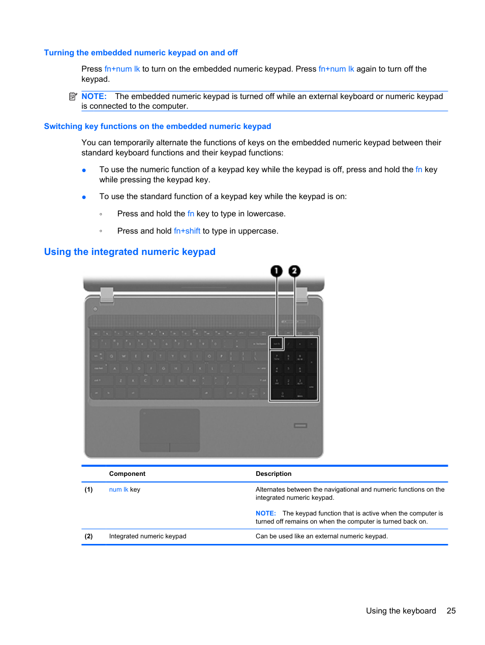 Turning the embedded numeric keypad on and off, Using the integrated numeric keypad | HP ProBook 4330S Notebook-PC User Manual | Page 35 / 100