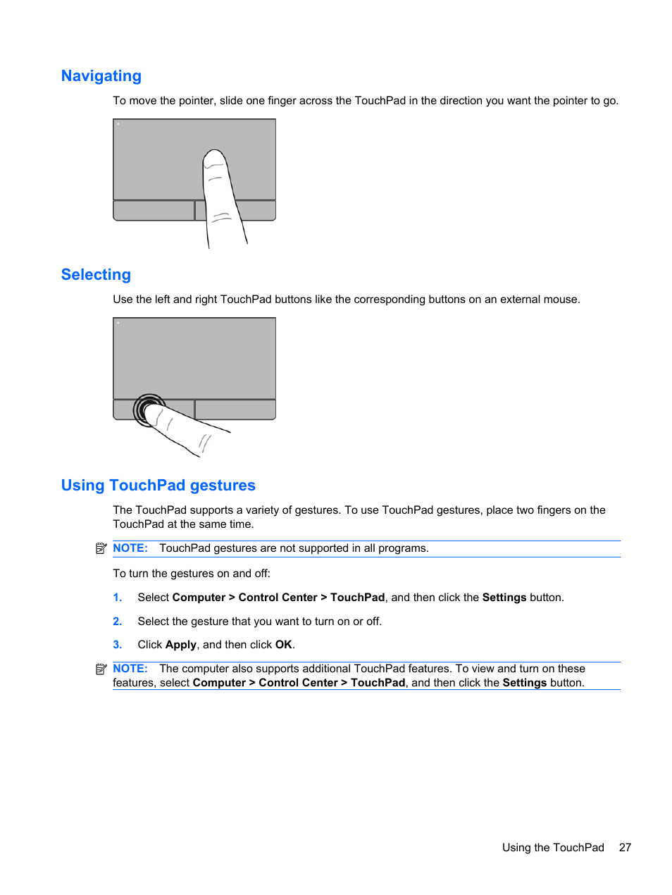 Navigating, Selecting, Using touchpad gestures | Navigating selecting using touchpad gestures | HP ProBook 4330S Notebook-PC User Manual | Page 37 / 100