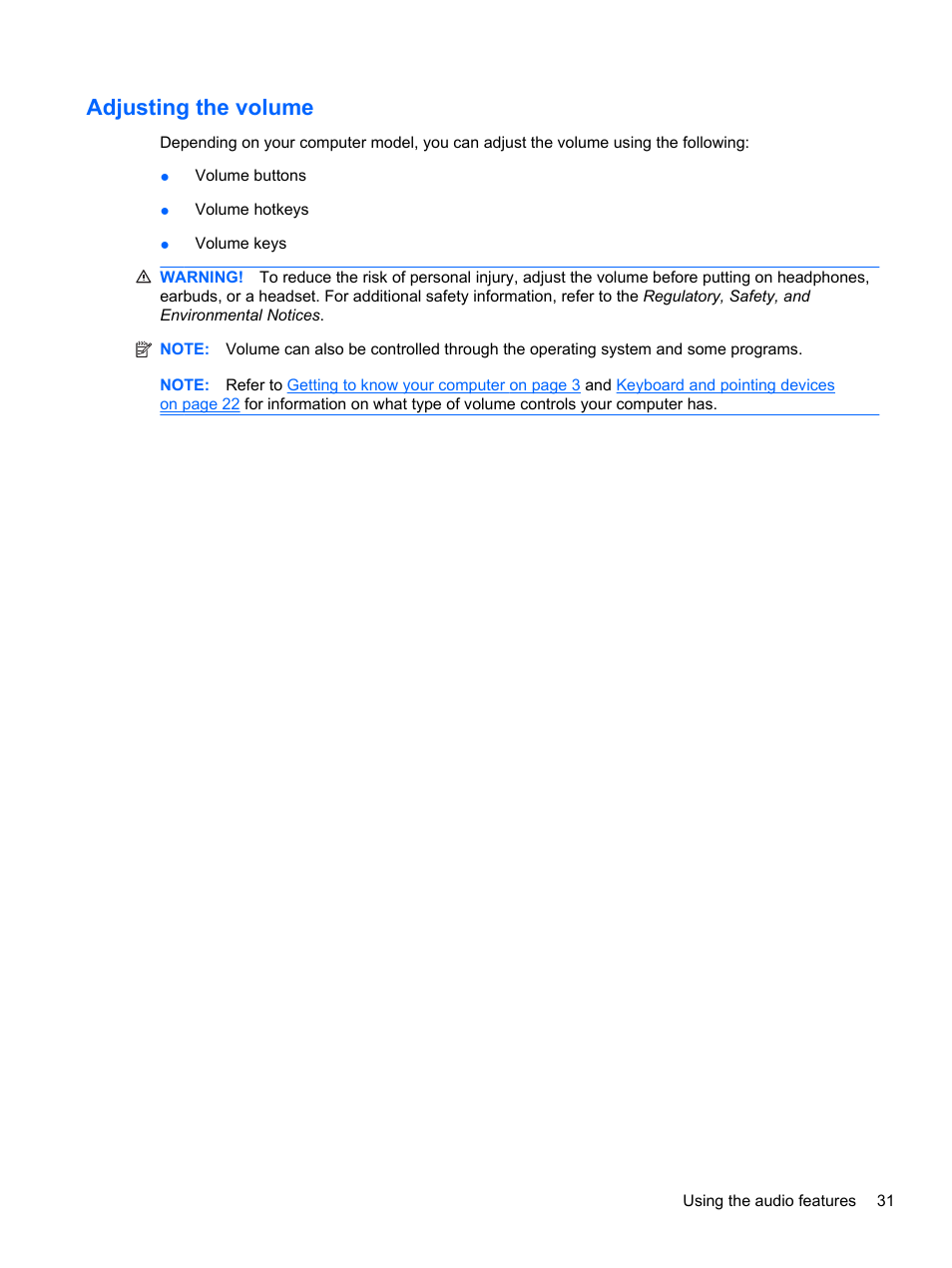 Adjusting the volume | HP ProBook 4330S Notebook-PC User Manual | Page 41 / 100