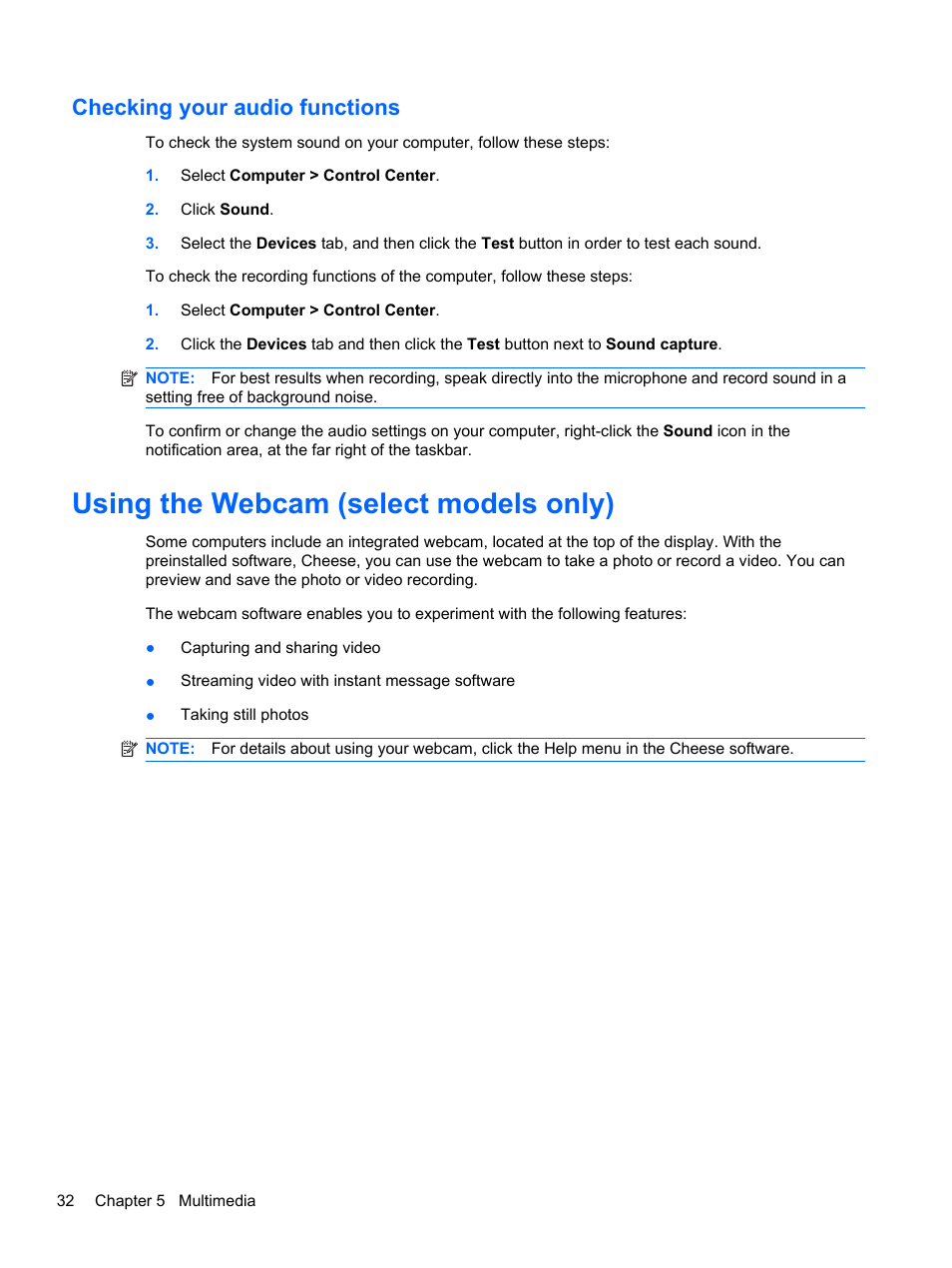 Checking your audio functions, Using the webcam (select models only) | HP ProBook 4330S Notebook-PC User Manual | Page 42 / 100