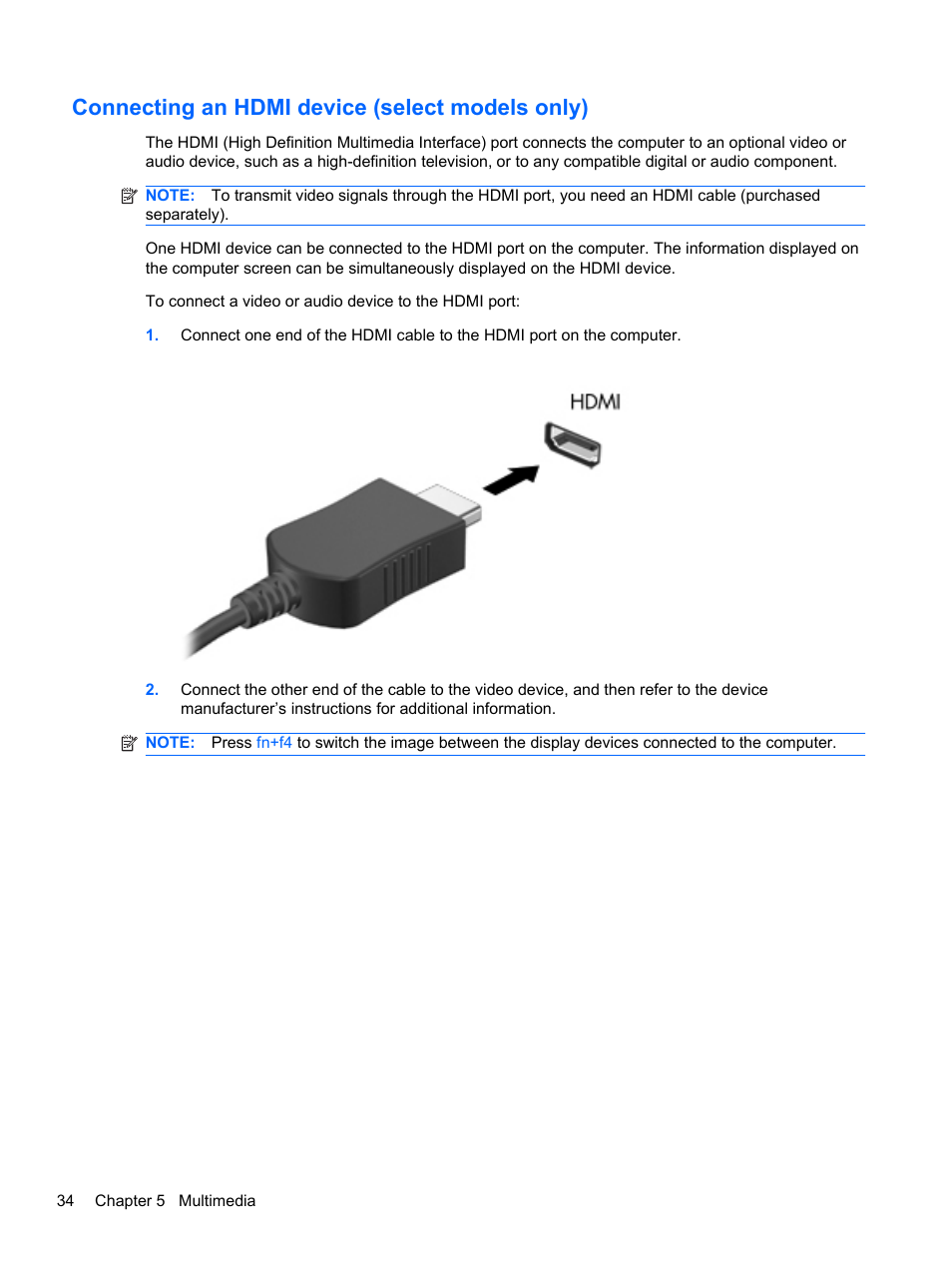 Connecting an hdmi device (select models only) | HP ProBook 4330S Notebook-PC User Manual | Page 44 / 100