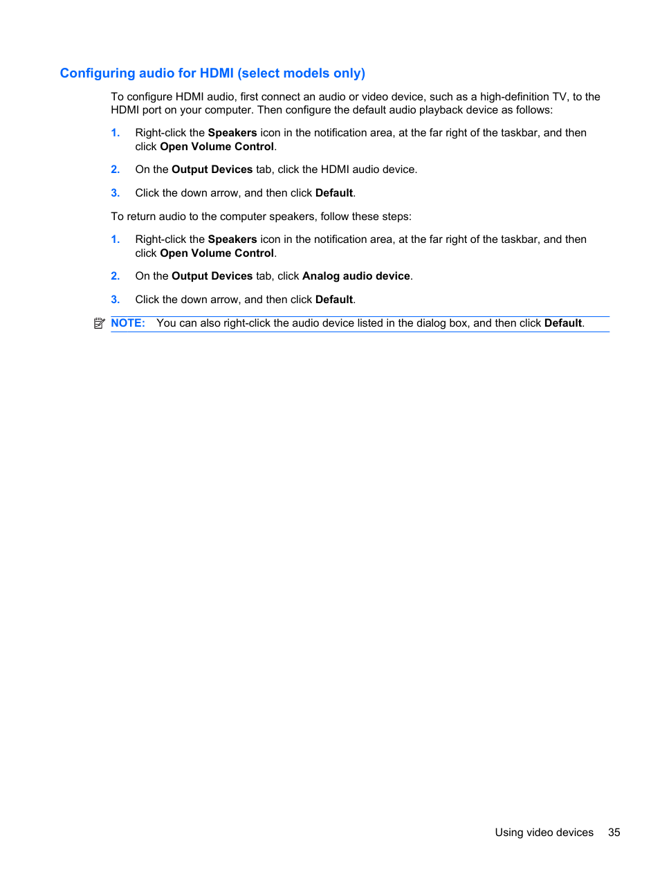 Configuring audio for hdmi (select models only) | HP ProBook 4330S Notebook-PC User Manual | Page 45 / 100