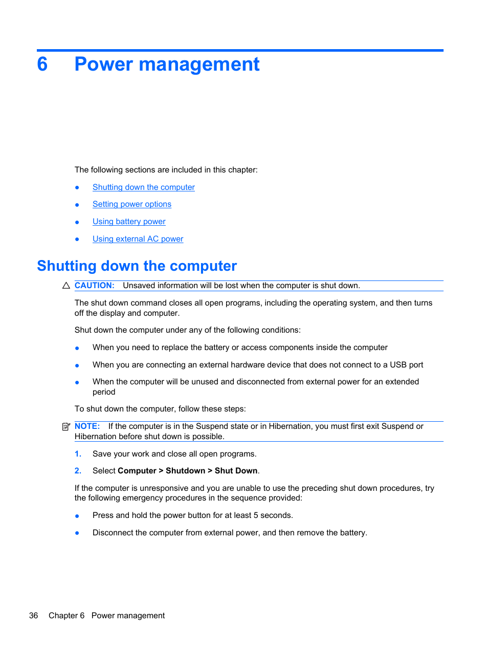 Power management, Shutting down the computer, 6 power management | 6power management | HP ProBook 4330S Notebook-PC User Manual | Page 46 / 100