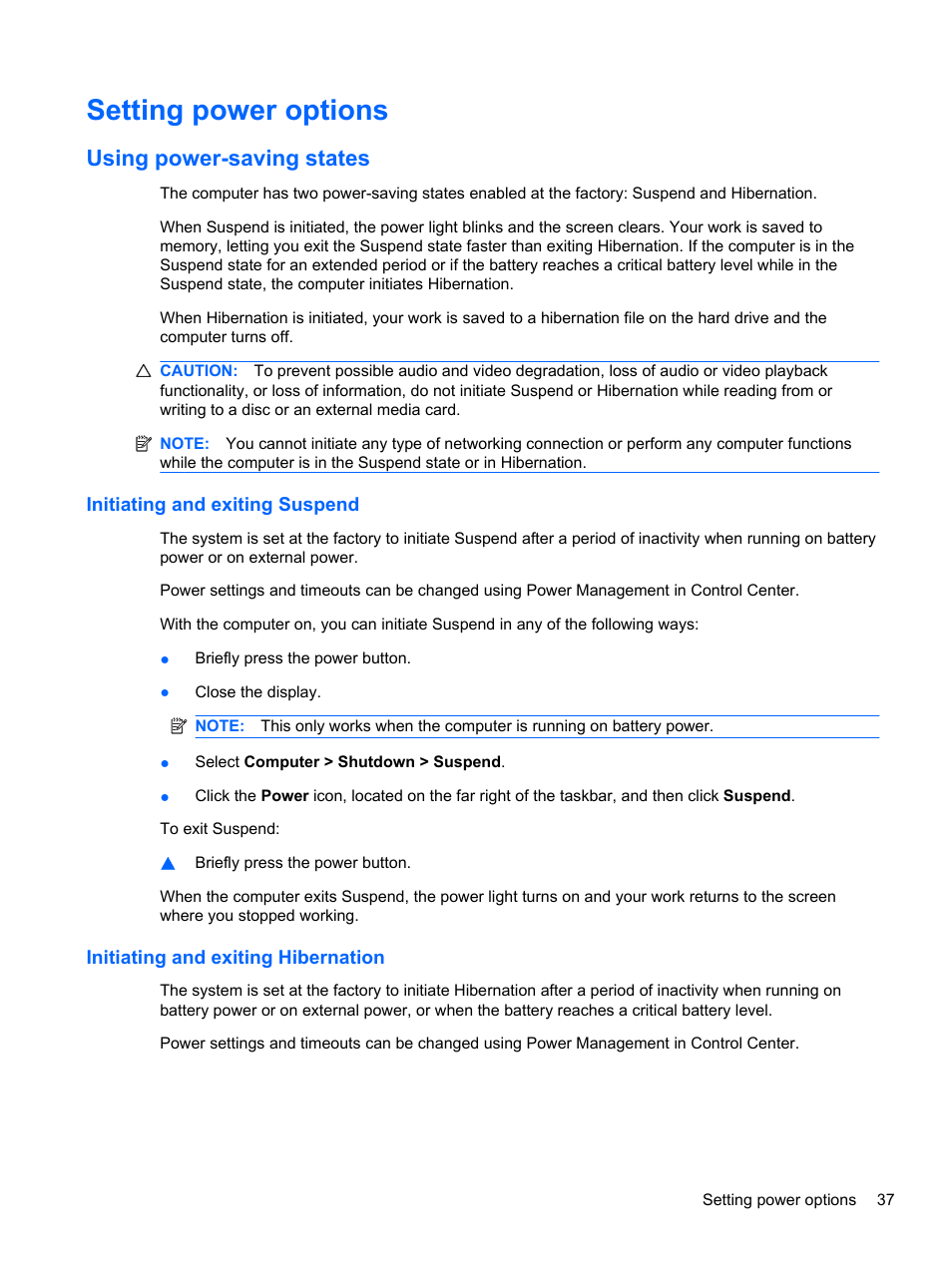 Setting power options, Using power-saving states, Initiating and exiting suspend | Initiating and exiting hibernation | HP ProBook 4330S Notebook-PC User Manual | Page 47 / 100