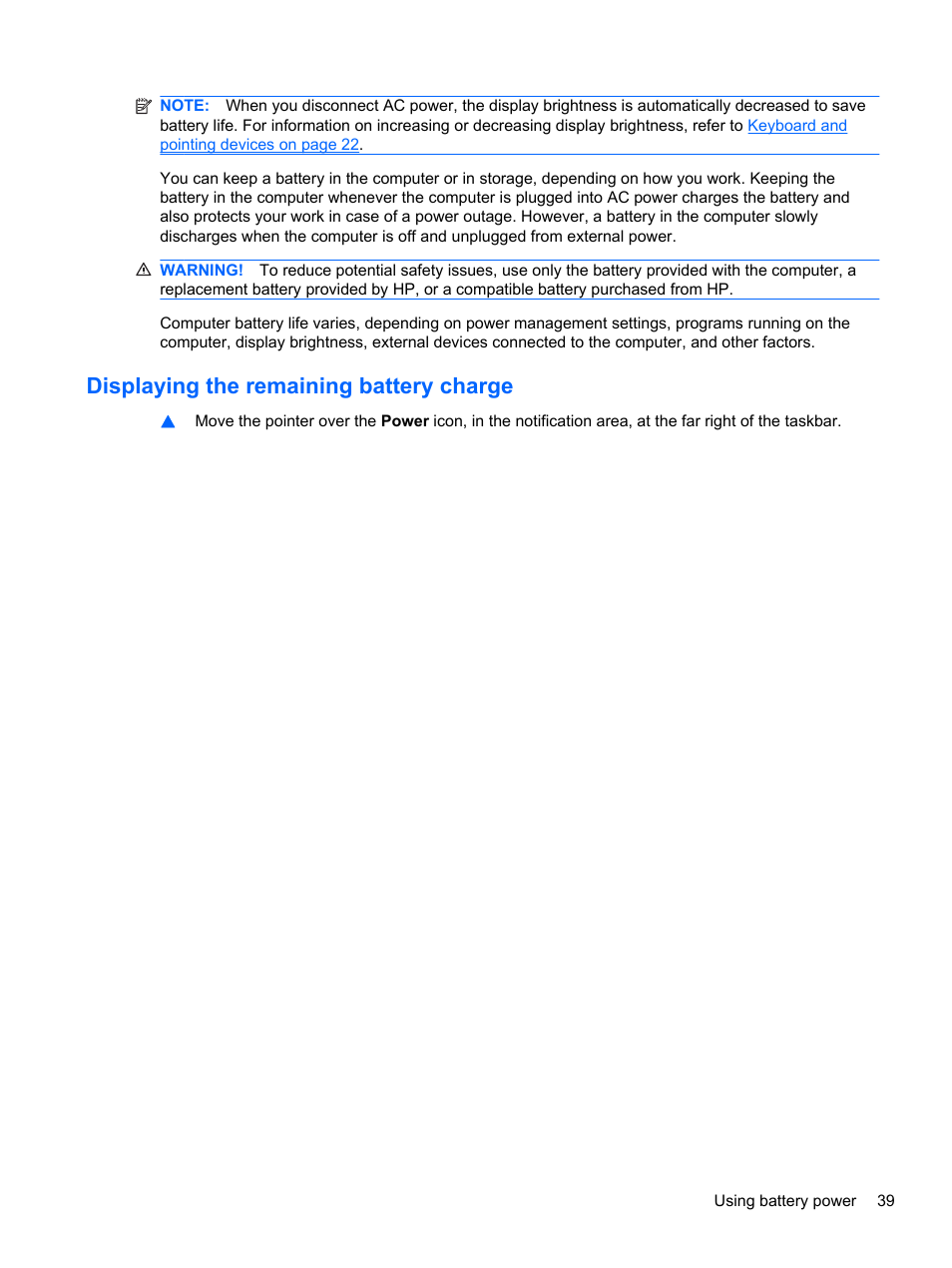 Displaying the remaining battery charge | HP ProBook 4330S Notebook-PC User Manual | Page 49 / 100