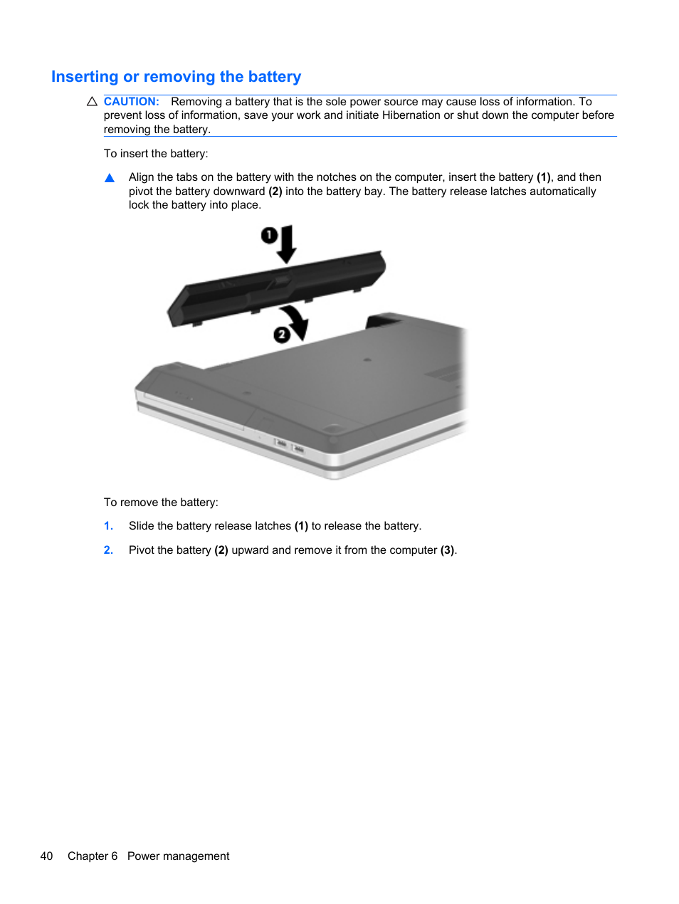 Inserting or removing the battery | HP ProBook 4330S Notebook-PC User Manual | Page 50 / 100