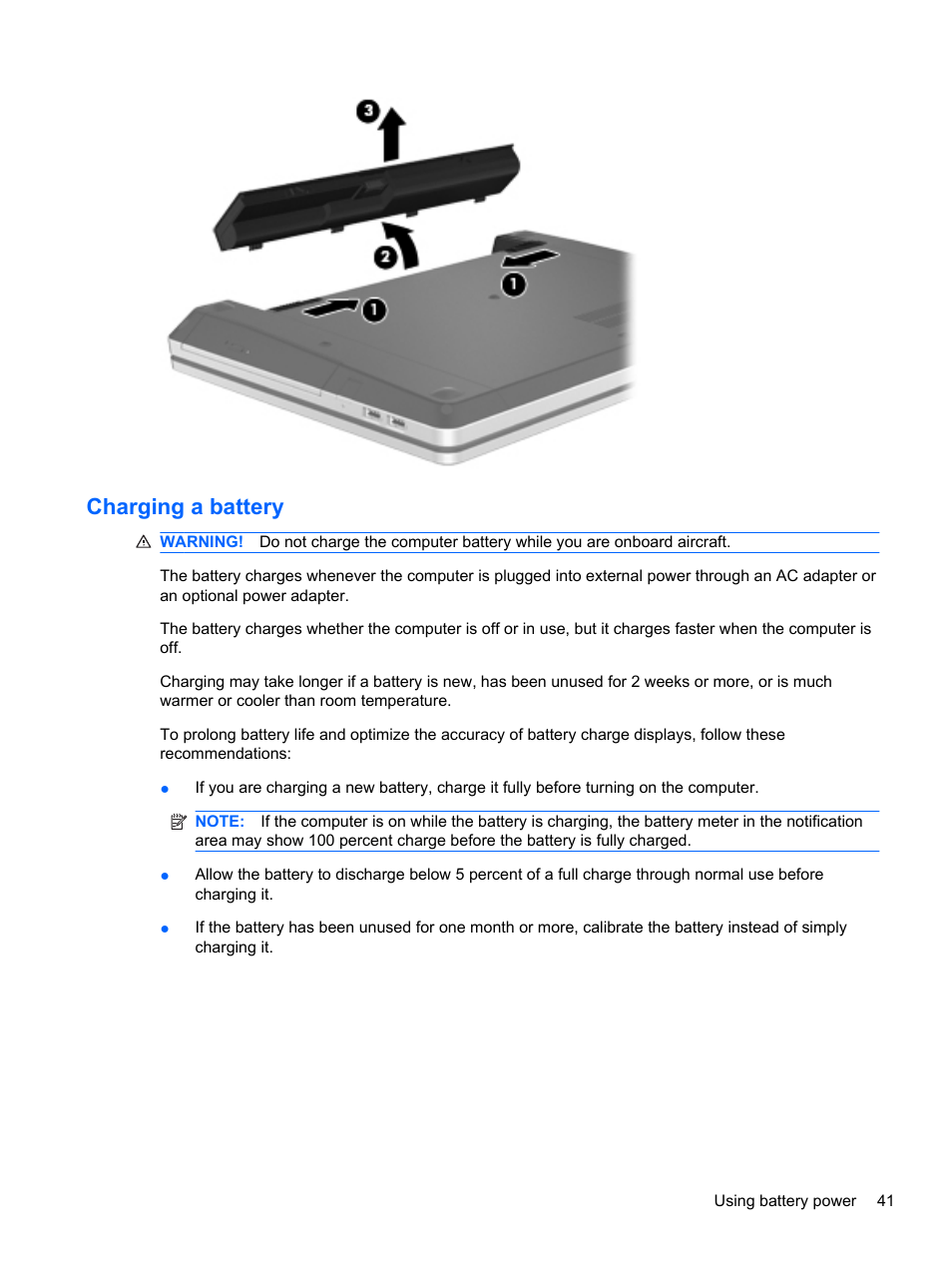 Charging a battery | HP ProBook 4330S Notebook-PC User Manual | Page 51 / 100