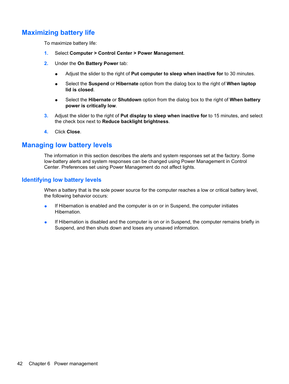 Maximizing battery life, Managing low battery levels, Identifying low battery levels | HP ProBook 4330S Notebook-PC User Manual | Page 52 / 100
